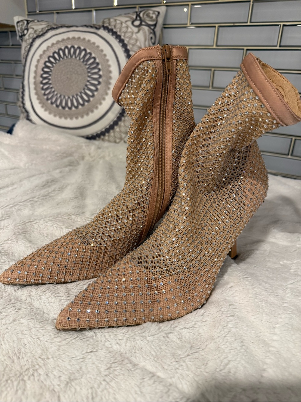 OPEN EDIT - Rhinestone Mesh Pointed-Toe Heeled Booties in Tan/Nude